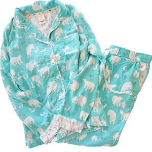 Munki Munki Matching PJ set Polar Bear Flannel Pajamas Aqua Button Front Size M